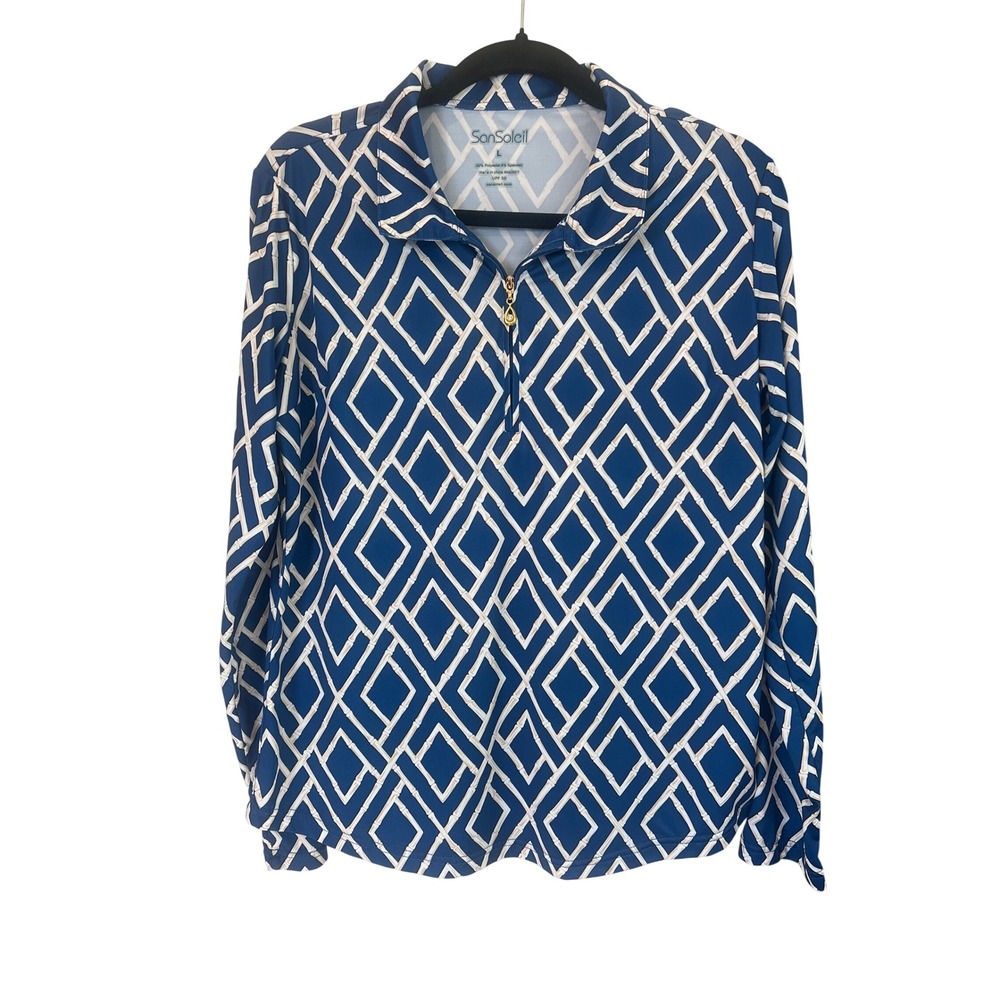 SanSoleil Womens SolCool UPF 50 Quarter Zip Golf Top Blue White Bamboo Lattice L